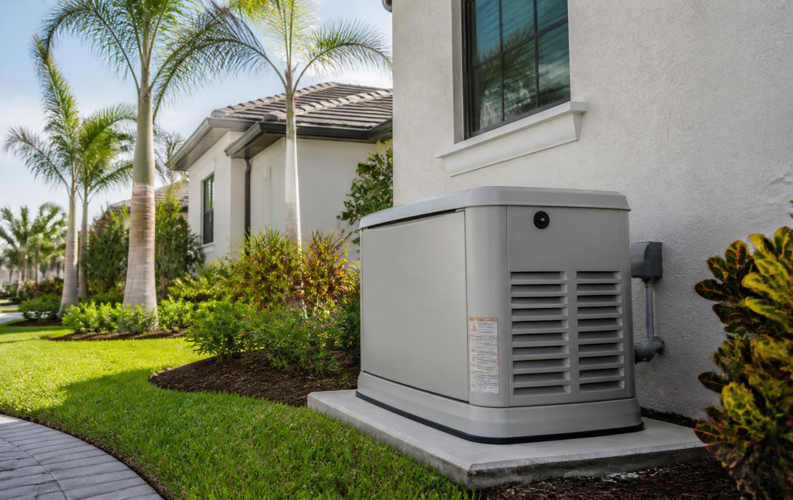 Whole-home standby generator installed on a concrete pad beside a Florida home